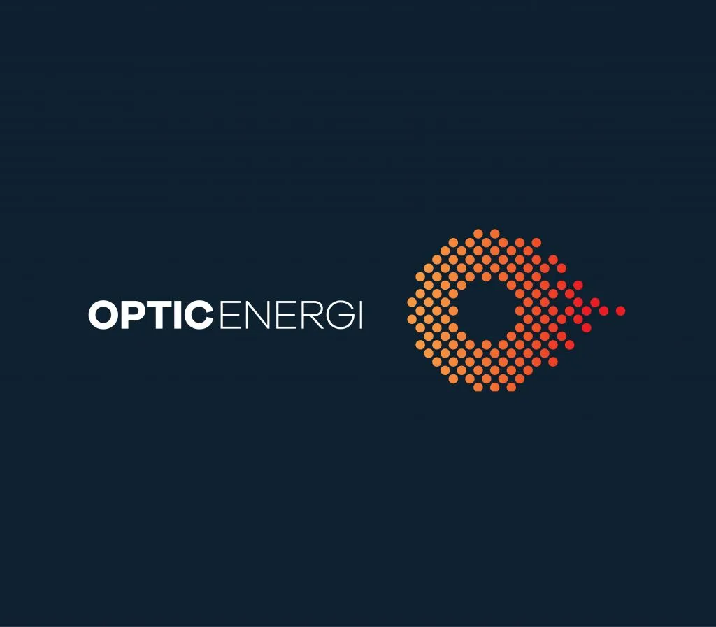 OpticEnergi logo with orange dot pattern.
